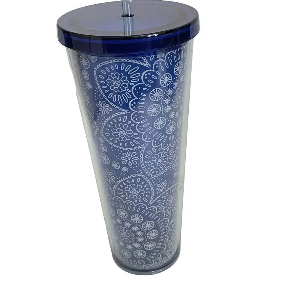 Starbucks 2019‎ Blue & White Floral Succulent Paisley Cold Cup Venti Tumbler